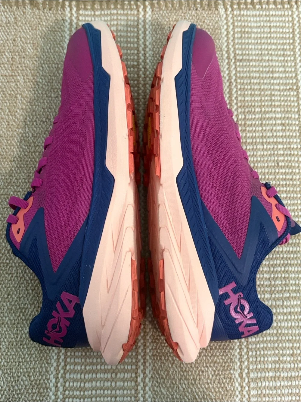 Hoka Women's Zinal Trail Running Shoe. Fuchsia/Navy Blue/Orange Accents. Size-7